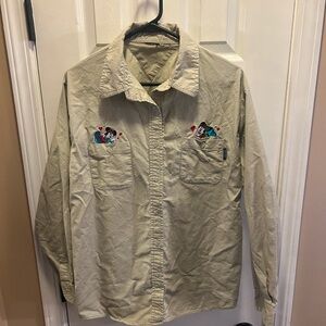 Beige Button-Up Shirt with Embroidered Mickey Design